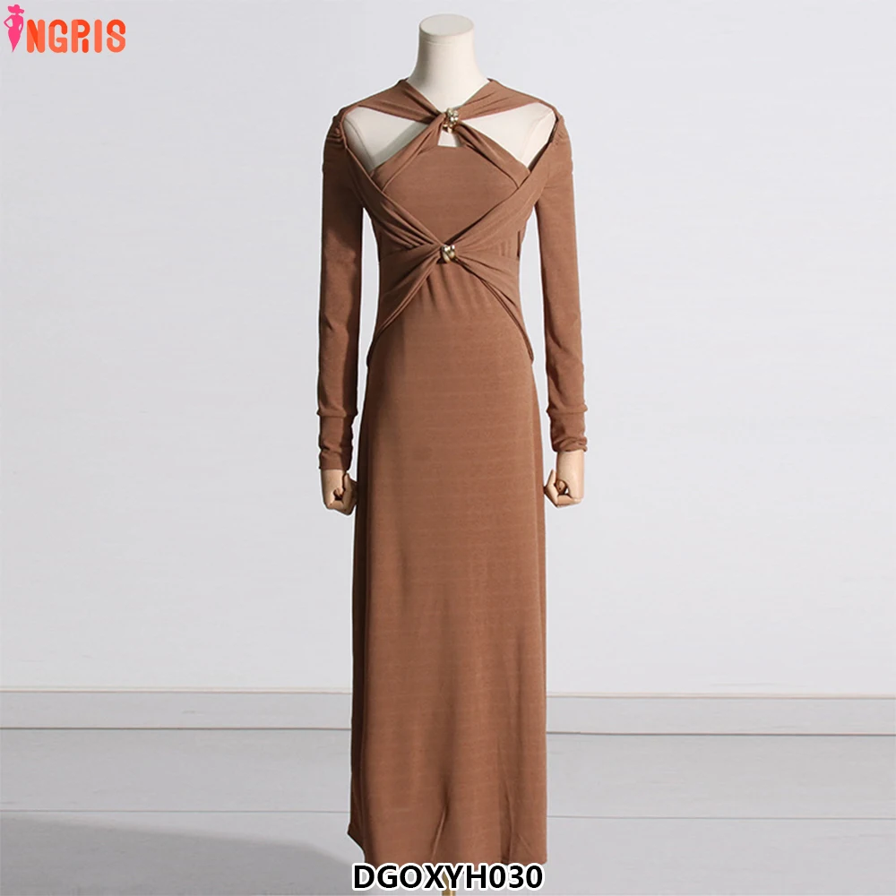 

2025 Summer Elegant Casual Dress Knitted Long Sleeve Metal Button One Shoulder Hollow Dress-DGOXYH030