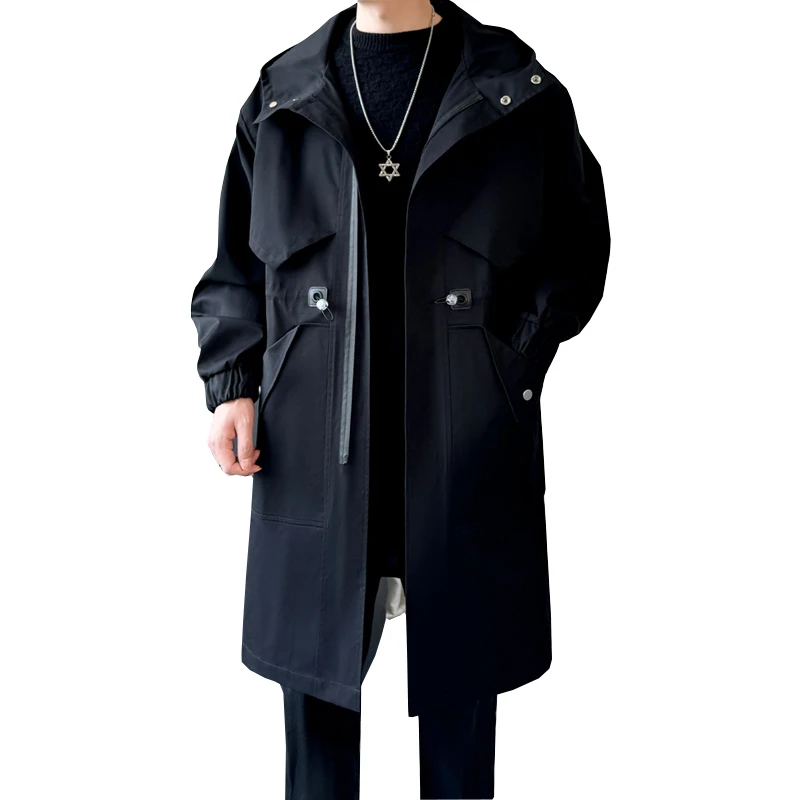 Veste Coupe-Vent à Capuche pour Homme, Streetwear à Fermeture Éclair Combinée, Mi-Longue, Grandes Poches, Surdimensionnée