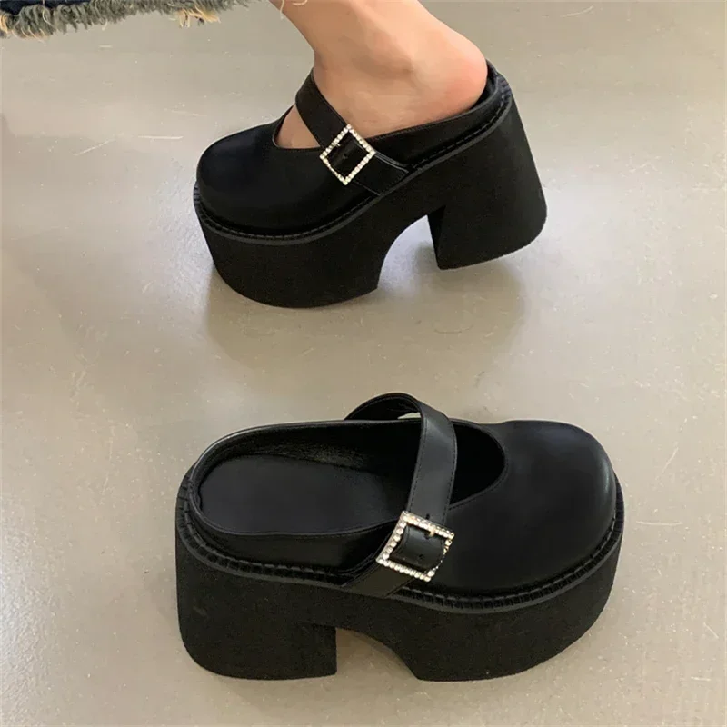 Novo design dedo do pé redondo sandálias plataforma grossa moda fivela de cinto bombas femininas verão salto alto mules sapatos mary jane chinelos