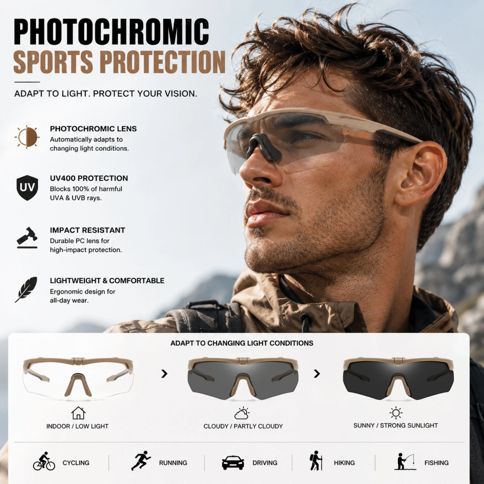 Photochrome Sport-Schutzbrille mit Rundum-Schutz, Komfortable Brille für den Täglichen Gebrauch, Motorradfahren, Jagen und Outdoor-Sport – Detail 2