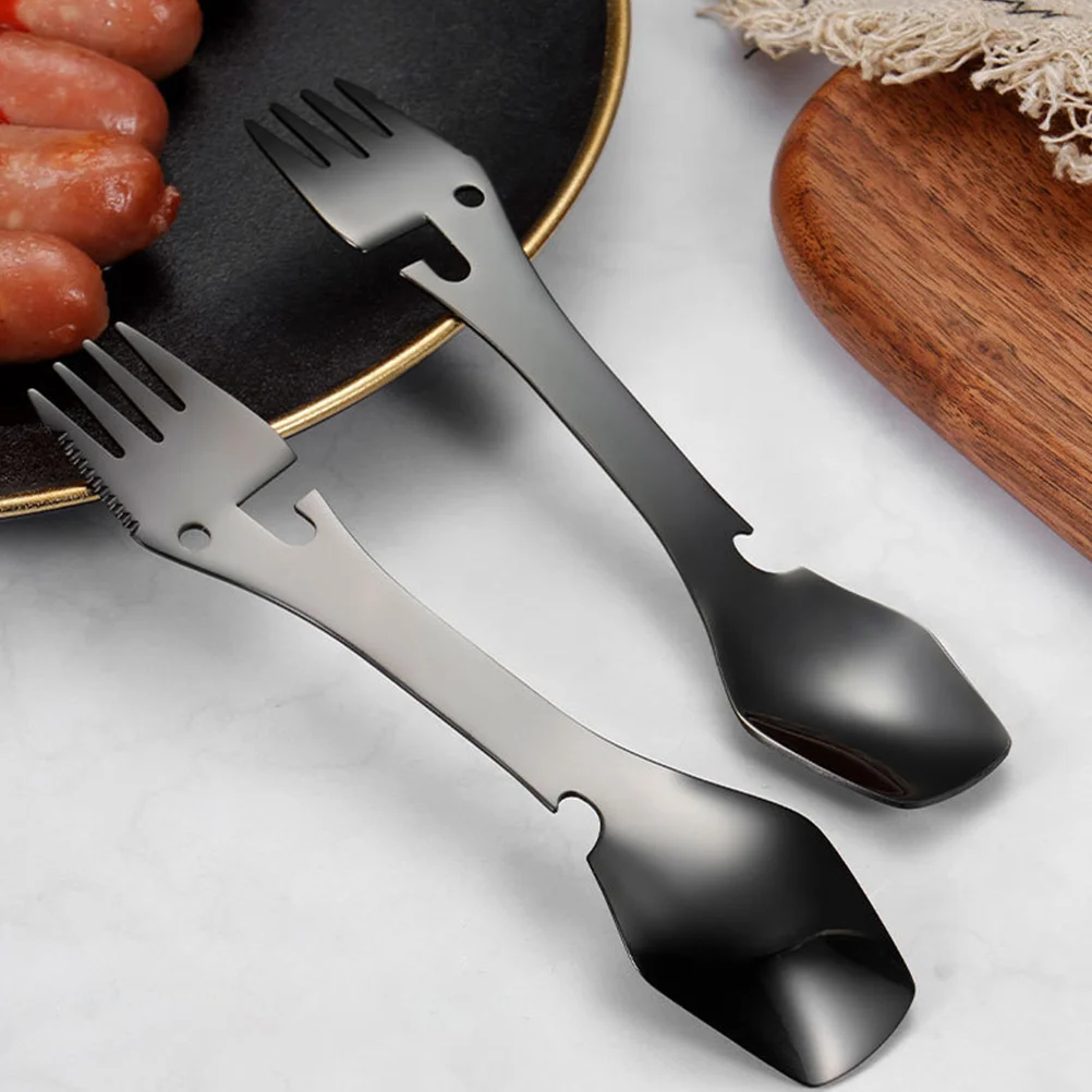 

2 Pcs Convenient Outdoor Cutlery Supplies Bottle Opener Fork Spoon Openers Black Stainless Steel Travel