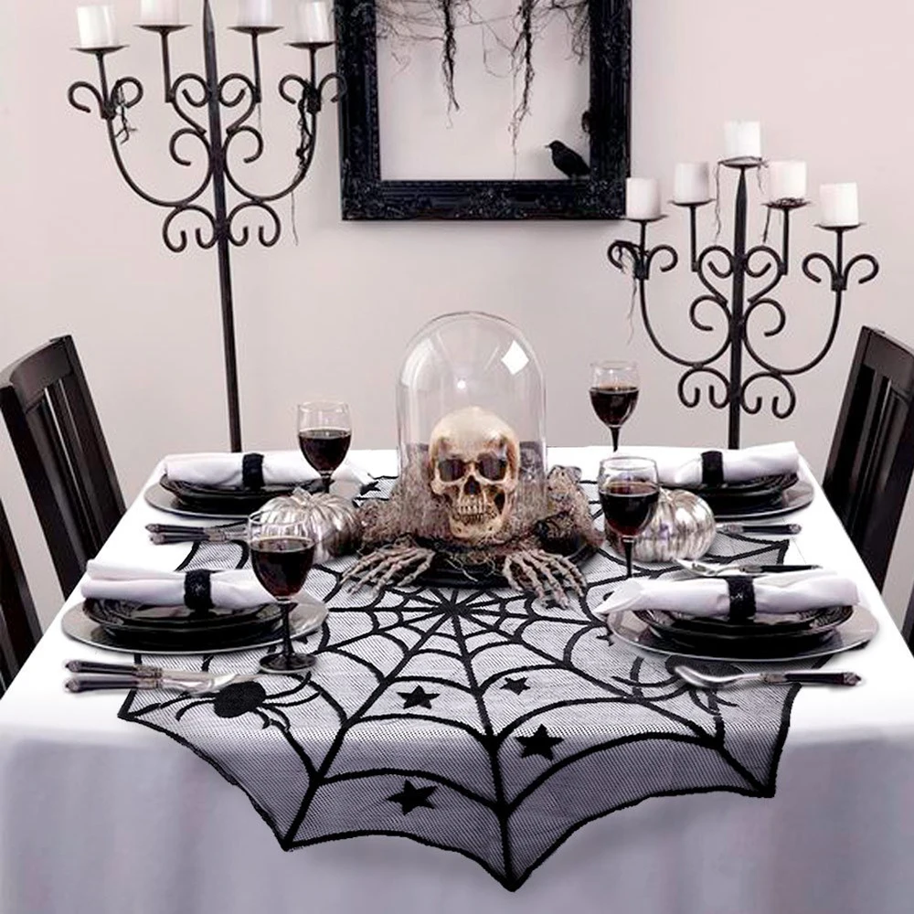 Halloween Tisch läufer schwarze Fledermaus Spinnennetz Spitze Tischdecke Kamin Vorhang für Halloween Party Dekoration Horror Haus Requisiten – Detail 2
