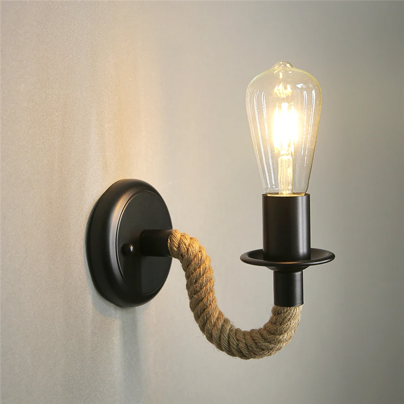 American Country Hemp Rope Wall Lamp Retro Light Wall Sconce Beside Living Loft Lighting Stairs Vanity Light Indoor Wall Lamps