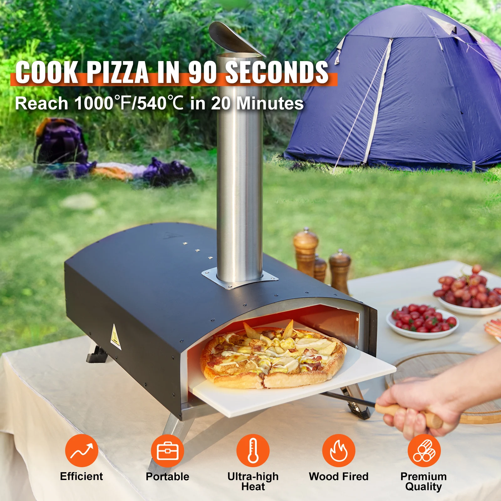 VEVOR 12" Portable Pizza Oven Wood Fired Food Grade Stainless Steel BBQ Picnics Baking Pizza Burner for Backyard Outdoor Camping
