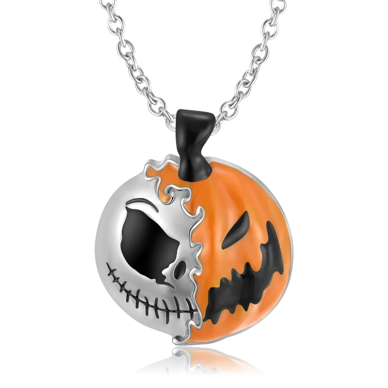 

Double sided pumpkin skull creative Halloween pendant necklace S925 sterling silver drip adhesive