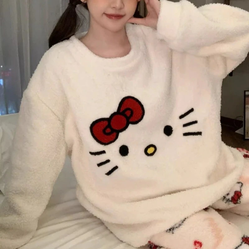 

Girl Kitty Suit Pyjama Long-Sleeved Trousers Student Homewear Two-Piece Cute Cartoon Nightwear Set Sweet Kawaii Ladies Winter