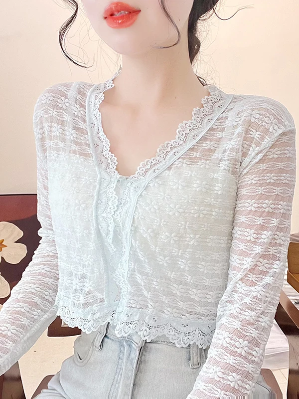 

Lace Open Cardigan Women's Strap Dress Outer Long Sleeve Shawl Small Cannon Shoulder with Skirt Mesh Hollow Thin Top