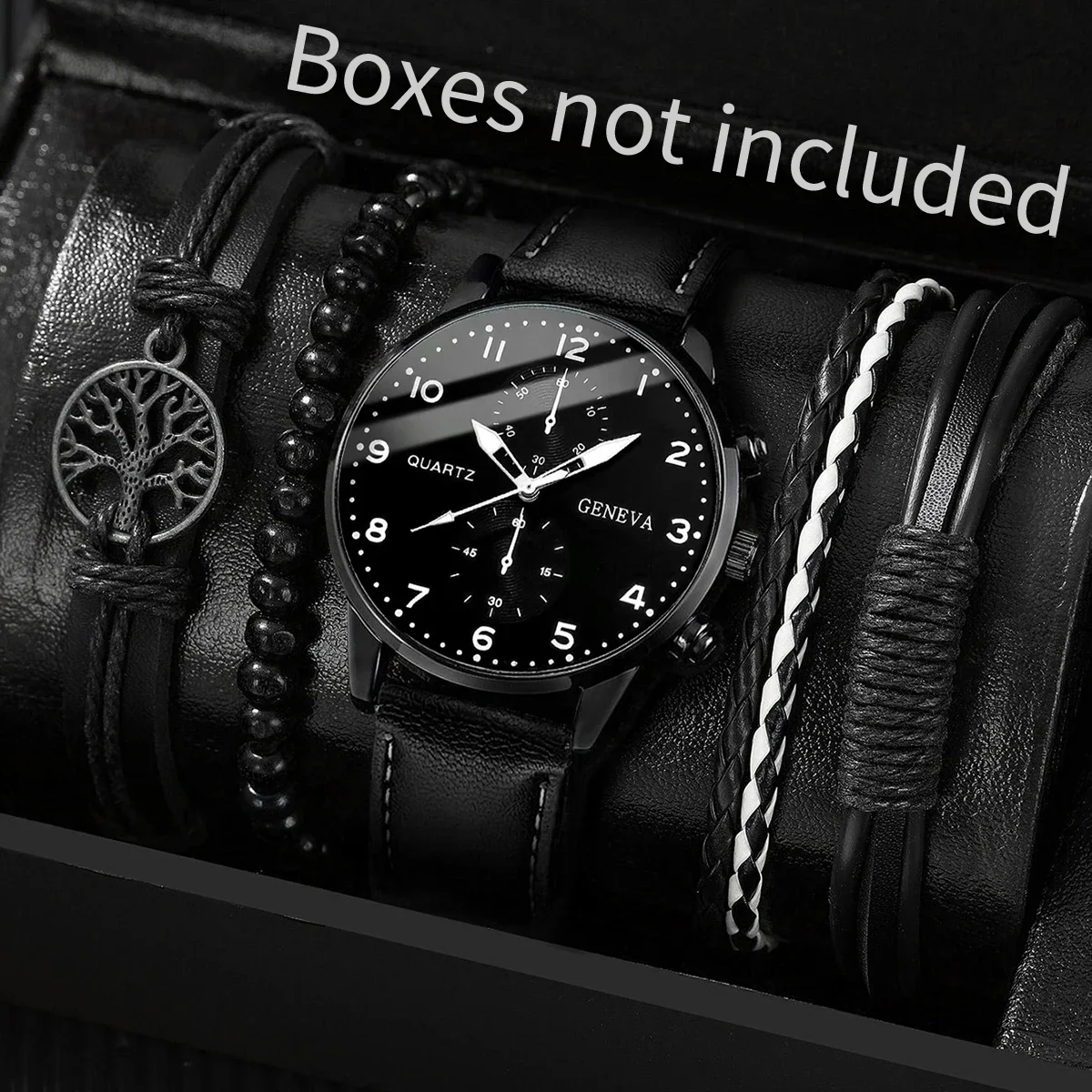 5PCS/Set Men's Watch Fashion Arabic Dial Analog Quartz Watches Vintage Leather Bracelets Set（Without Box）