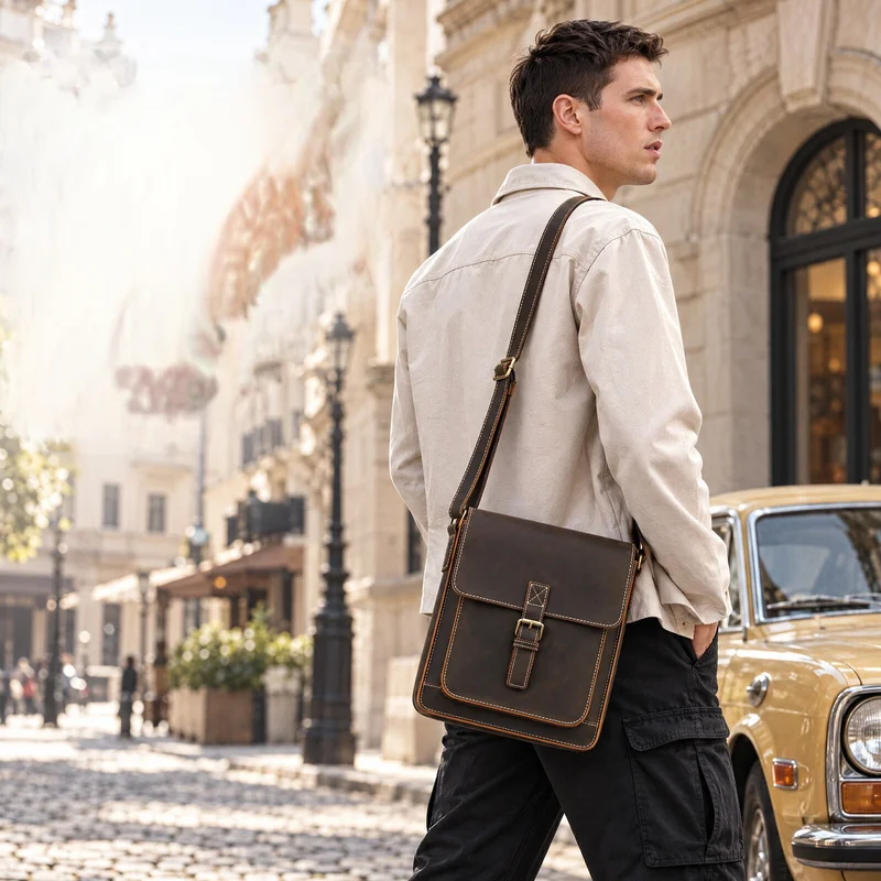 Men's Crazy Horse Genuine Leather Shoulder Bag Vertical Crossbody Business Commute Large Capacity Structured