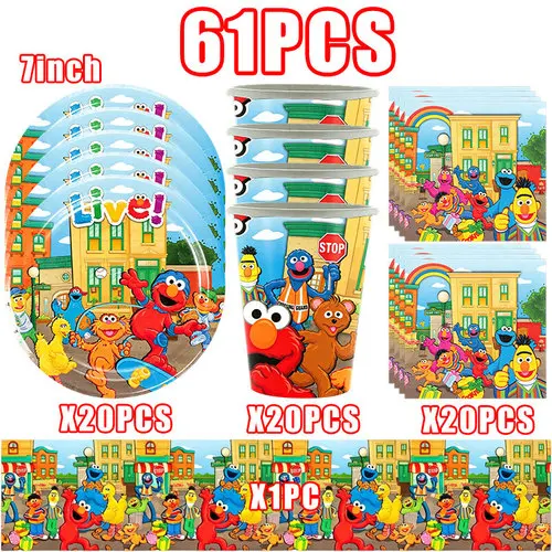 Einwegteller, Becher, Tischdecke, Ballon-Hintergrund, Geburtstagsparty-Geschenke, Sesam-Cartoon-Straßen-Geburtstagsparty-Dekorationszubehör – Detail 7