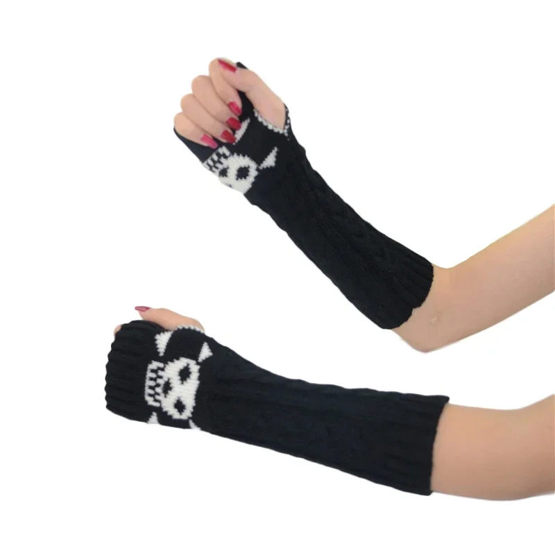 Gothic Girls Knitted Skull Gloves Men Women JK Cos Cool Punk Elbow Length Arm Warmers Hipster Black Winter Long Mittens