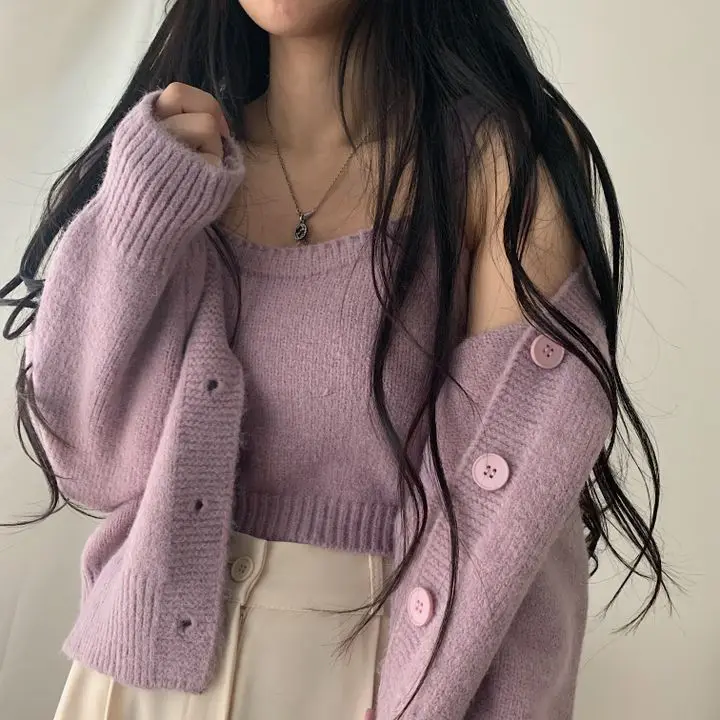 

Шикарный вязаный кардиган V-Ne Long Sve, свитер, свободный крой, универсальный утягивающий комплект на весну и осень, простой дизайн, комплект из двух предметов