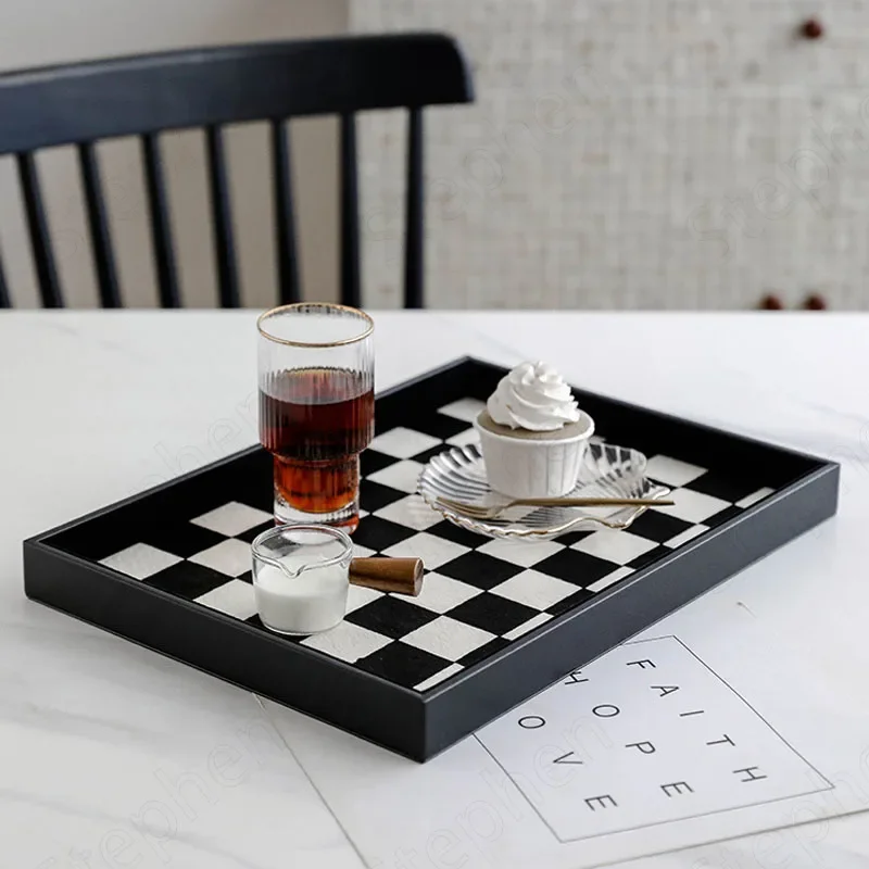 Black White Checkered Horsehair Trays Decorative Nordic Modern Coffee Table Desktop Tea Cup Wine Set Storage Tray Jewelry Plate