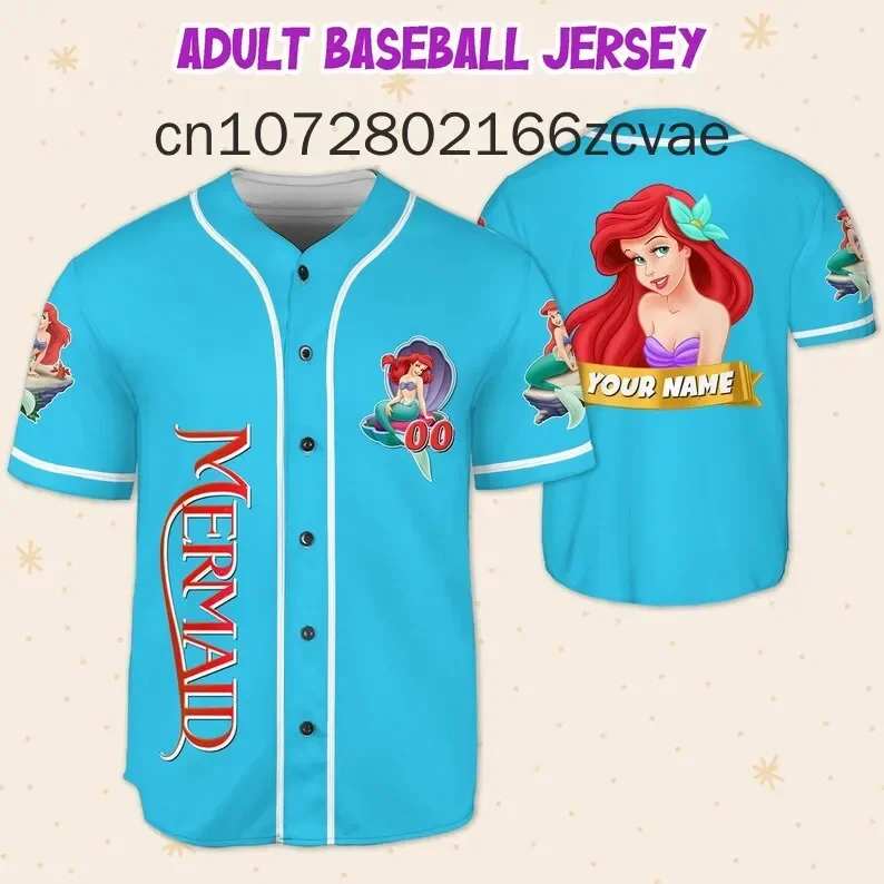 Free Custom Disney The Little Mermaid Baseball Jersey Street Fashion Men's and Women's Children's Short sleeved Baseball Shirt