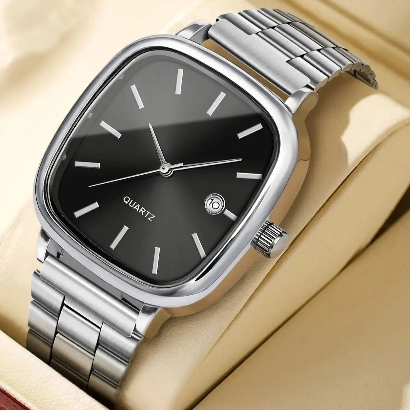 Высокое качество, минималистичные квадратные модные часы, деловые мужские металлические часы с цепочкой из нержавеющей стали, многосценные часы с календарем для пригородных поездок