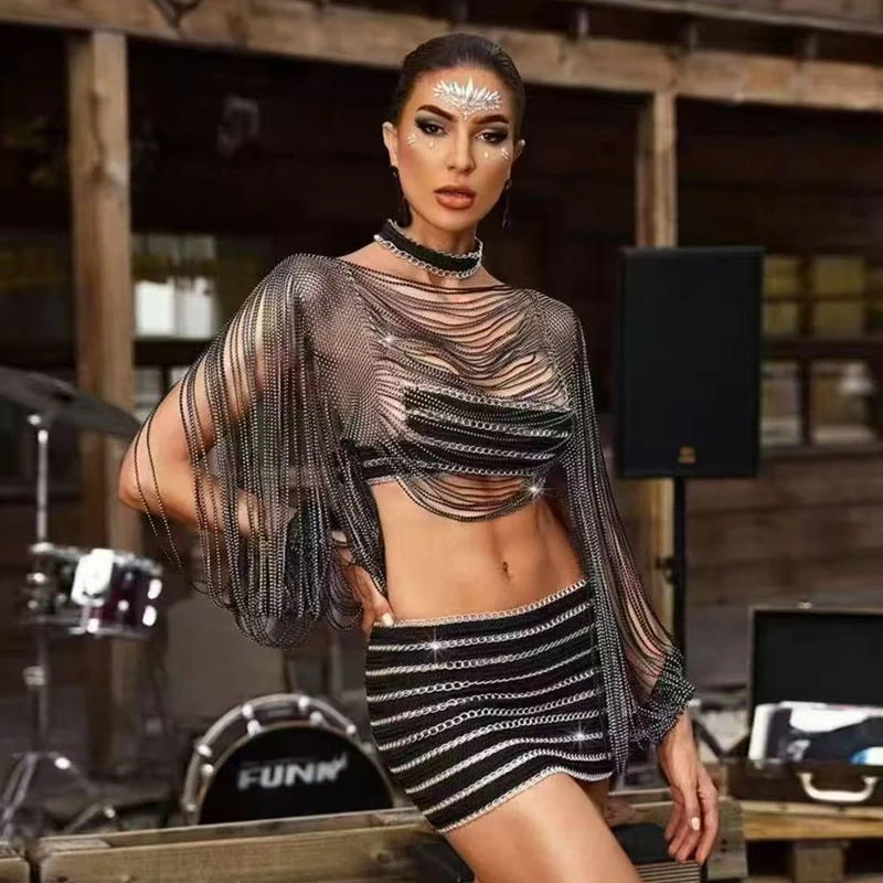2026 Frühjahr/Sommer Neu Funkelnde Diamant-Halskette Accessoires Kleidung Crop Tops Quasten-Schal Mode Clubwear Langarm-Oberteil – Detail 1