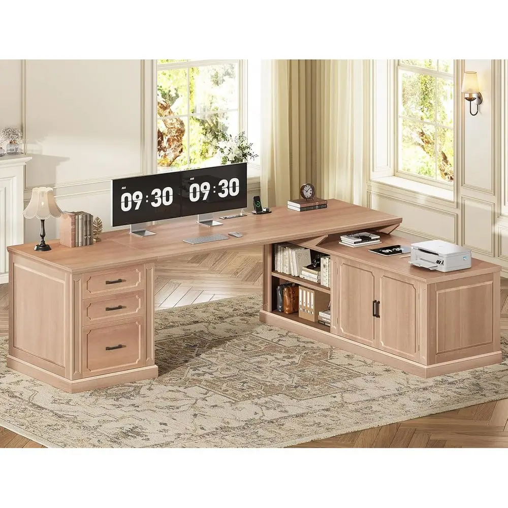 

L-Shaped Oak Desk with Storage Cabinet, 70.9 Home Office Desk with Shelves and Power Outlet