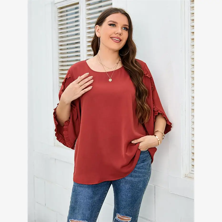

Loose Red f Sve Women's Casual irt plus Size Faionable Petal Sve round Ne Color Top for Young Women