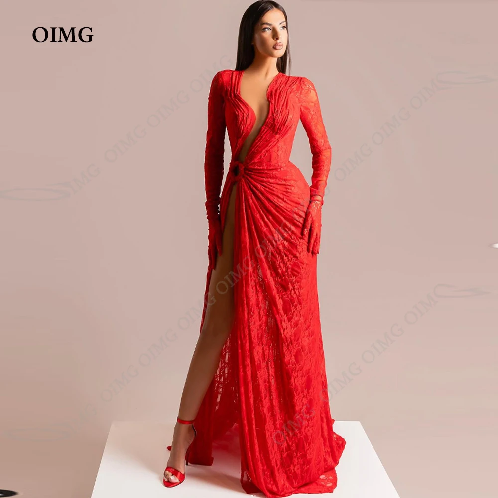 OIMG Sexy Red Lace Evening Dresses Sweetheart Neck Long Sleeves Illusion Prom Gowns Floor Length High Slit Mermaid فساتين السهرة