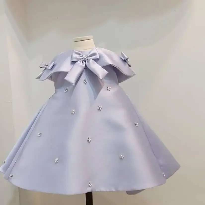 

Одежда для малышей для крещения, дня рождения, свадьбы, бальное платье принцессы с бантом и бисером, платья без рукавов для девочек, Vestidos