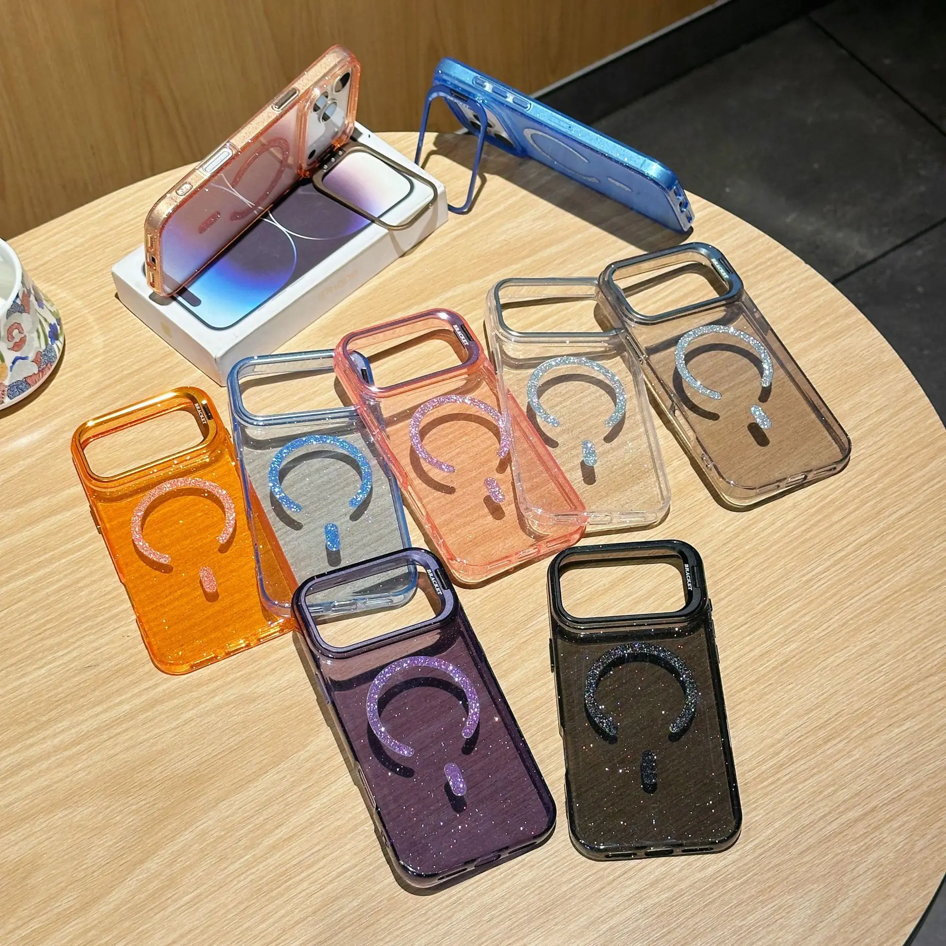 

Однотонный блестящий чехол для телефона с подставкой для объектива для iPhone 17, 16, 15, 14, 13 Pro Max с поддержкой магнитной зарядки