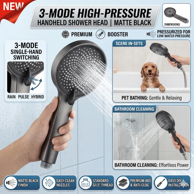 

3-Mode High Pressure Handheld Shower Head Matte Black Water Saving Adjustable Spray One-Hand Switch Bathroom Accessories G1/2