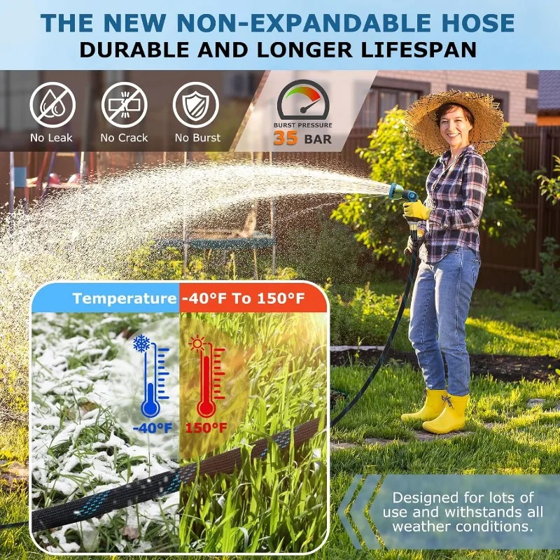 Non-Expanding Garden Hose 100 ft, Kink Free Flexible Water Hose with 10-Pattern Spray Nozzle, Lightweight