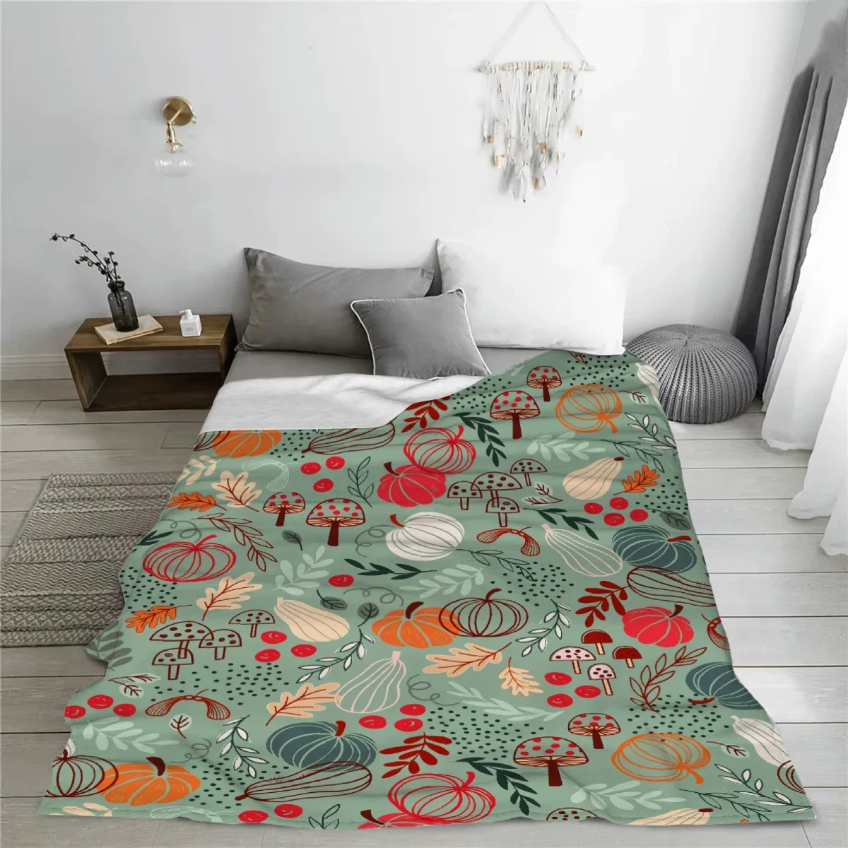 Boho Fall Throw Blanket, Hand Drawn Mushroom Pumpkin Autumn Leaf Berry Print Soft Cozy Seasonal Sofa Bed Decor Blanket