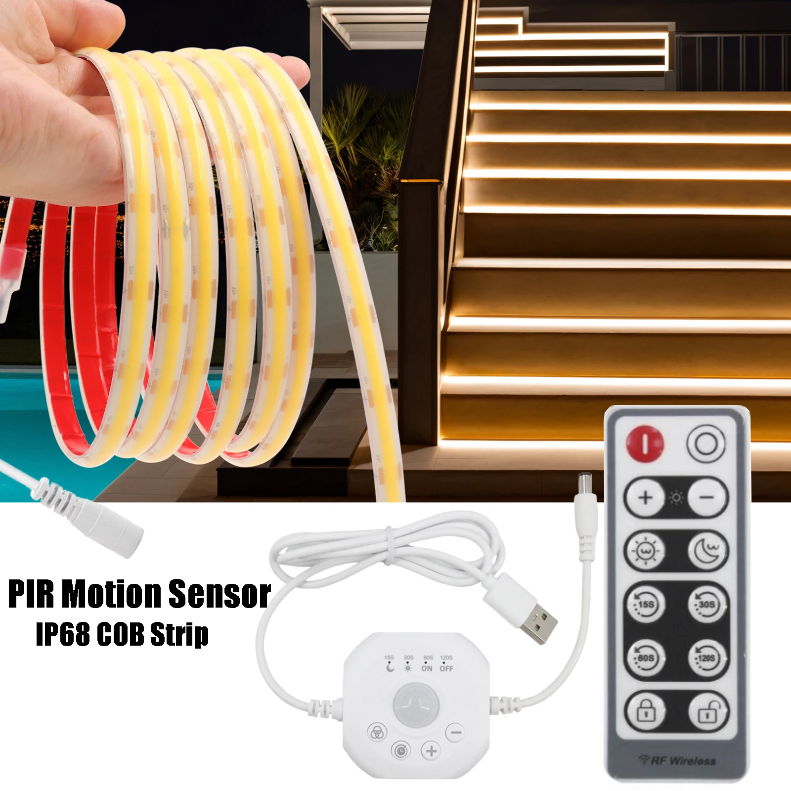 DC5V IP68 مقاوم للماء COB LED قطاع مع PIR محس حركة باهتة التحكم عن بعد 320 المصابيح/م عالية الكثافة شريط مرن الشريط #1