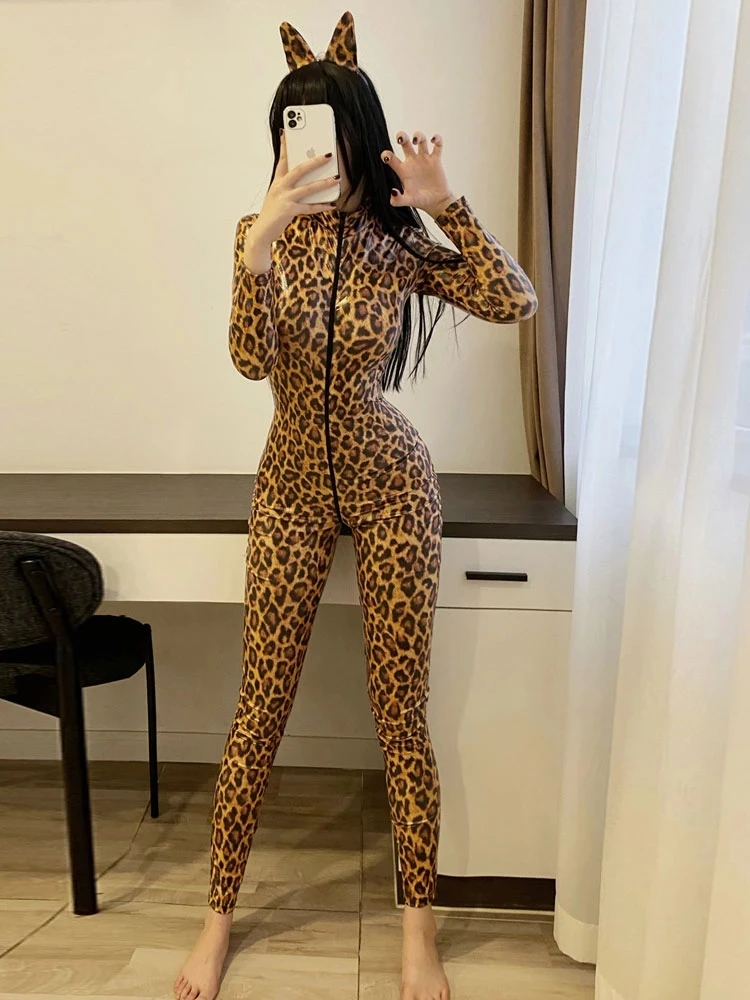 Shiny PU Faux Leather Bodysuit Women's Sexy Zipper Open Crotch Jumpsuit Leopard Party Nightclub Cat Girl One-piece Onesie