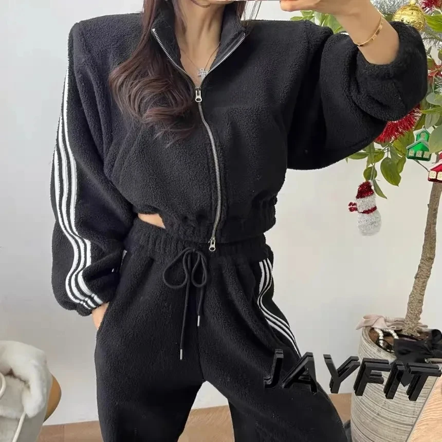 Plush Tracksuit Two Piece Set Womens Tops Sweatshirt Conjuntos High Waist Baggy Jogger Outfit Lambwool Warm Thick Loose Ensemble