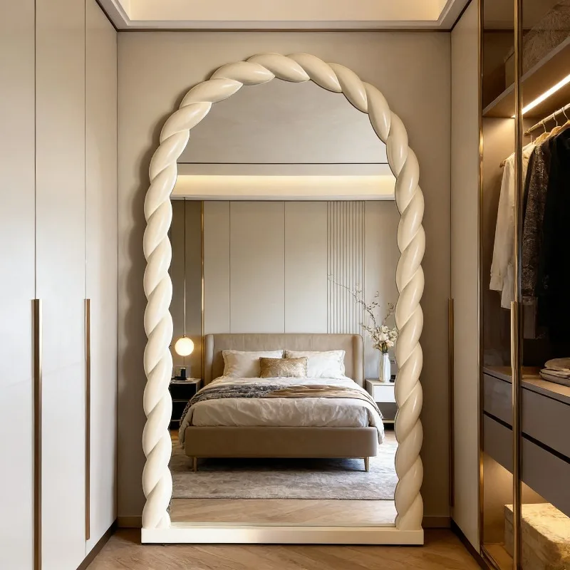 French retro white full-length mirror twist arched medieval full-body floor mirror