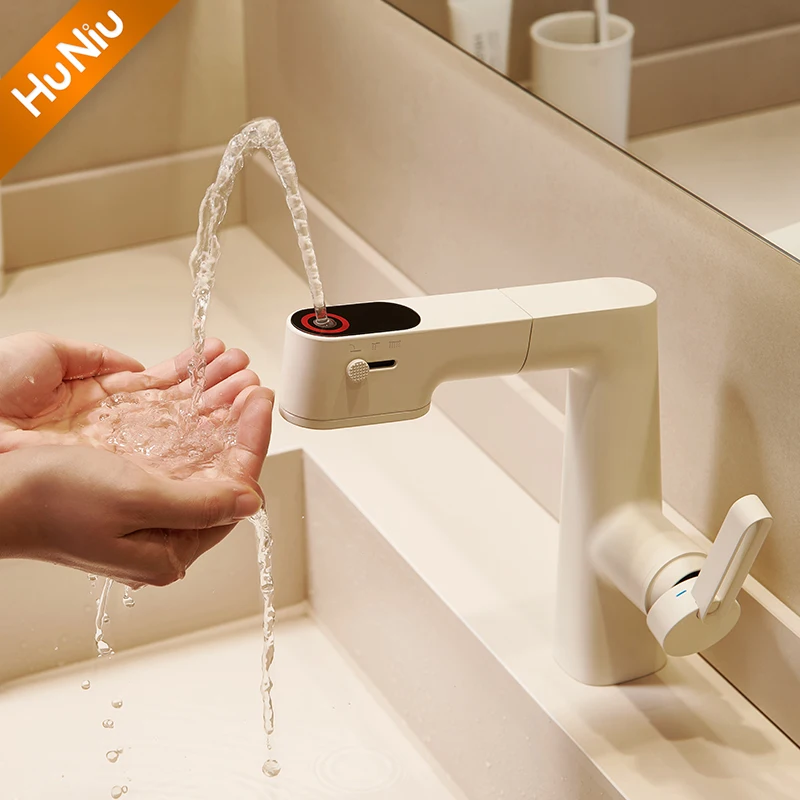 HuNiu Multifunctional Bathroom Faucets Pull Out Basin Mixer Sink Faucet Gourmet Whter Tap 360° Tapware Crane Brass White Faucet