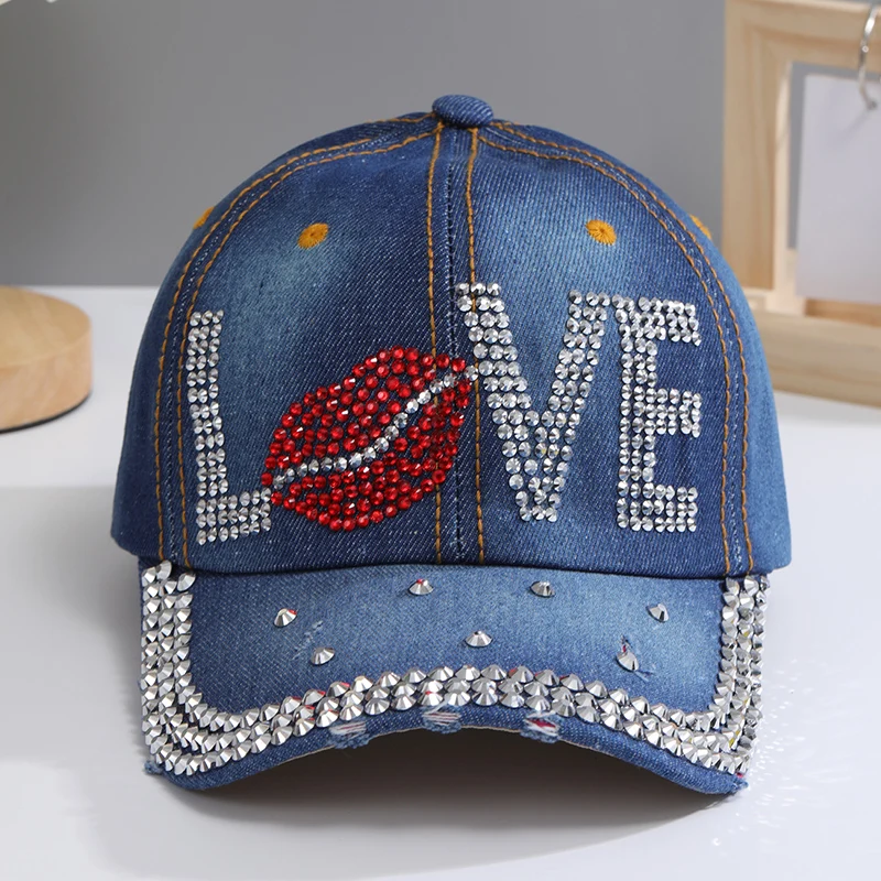 Baseball Cap for Women Sequins Rhinestone Droplets Casual Sports Cap Female Denim Cloth Adjustable Hat Sunshade Hip Hop