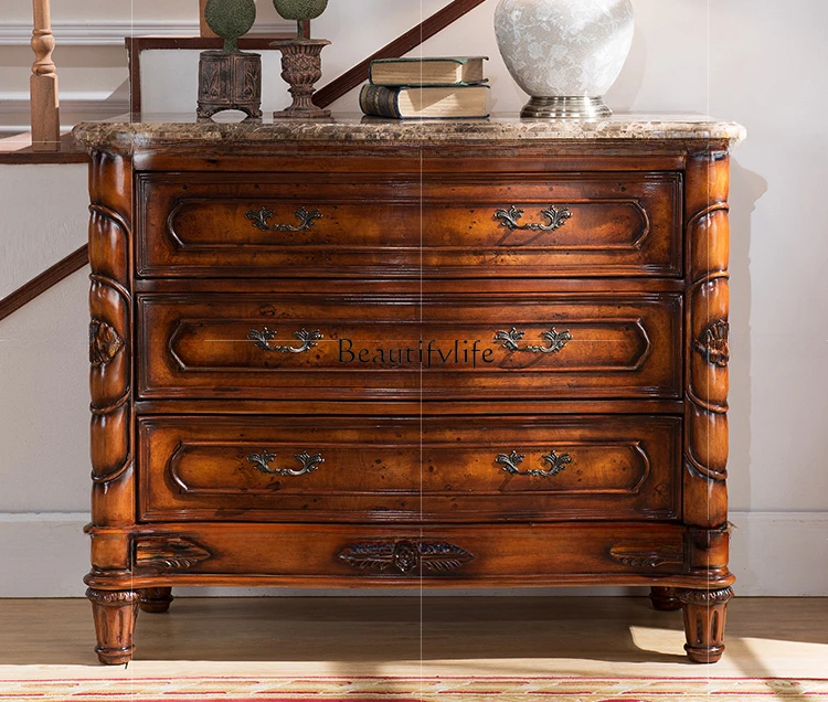 

European solid wood carving flower entrance table American pure natural marble locker