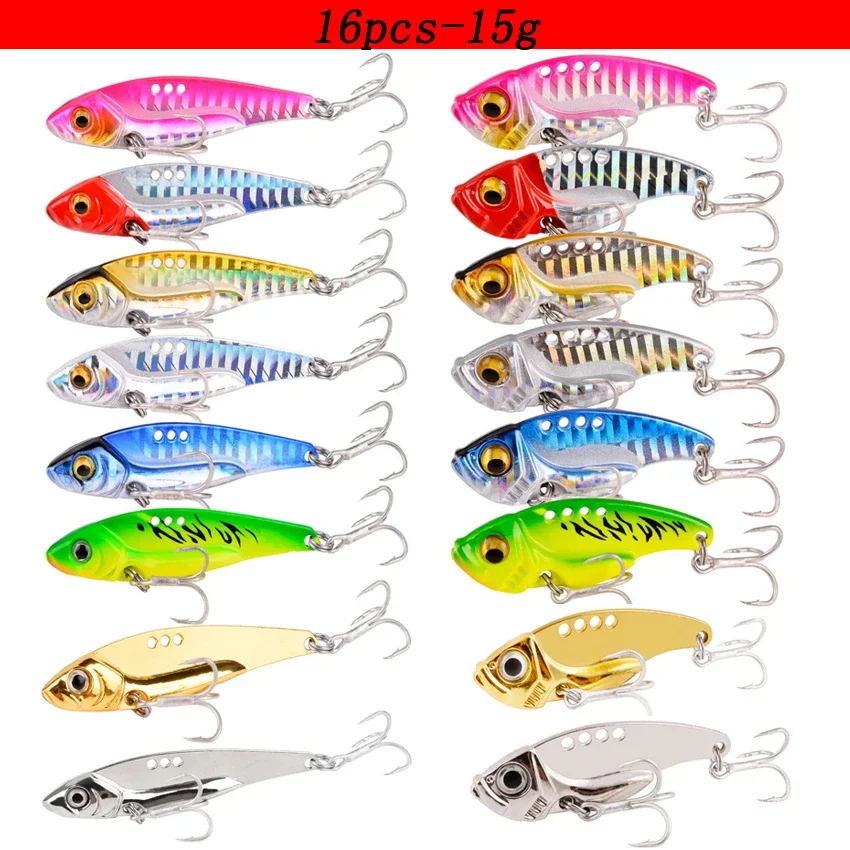 16 Pcs Metal VIB 7g-10g-15g Fishing Lure Set Vibration Spoon Spinner Lures Crankbait Bass Artificial Hard Bait Blade VIB Tackle