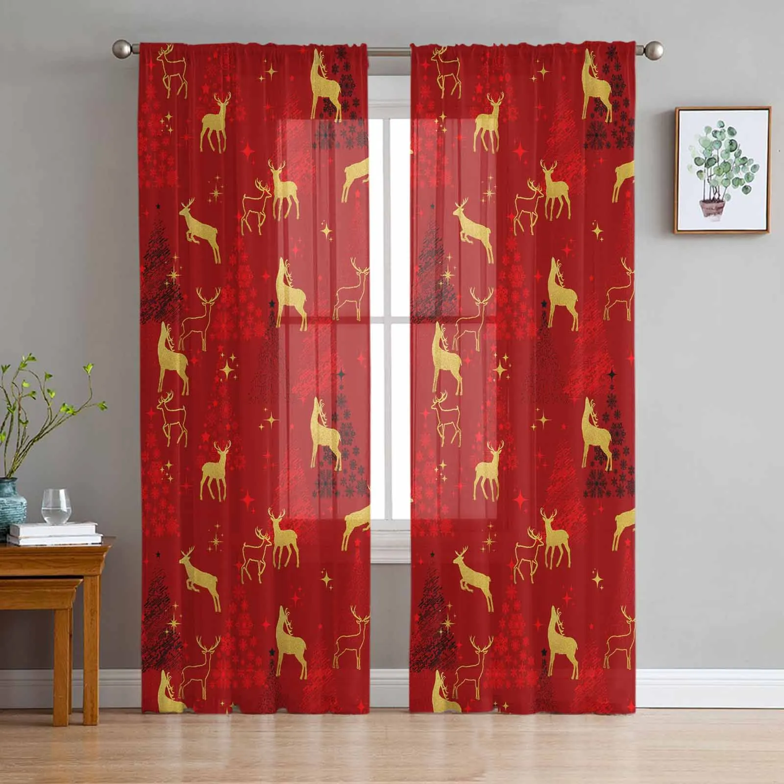 Christmas Deer Christmas Tree Star Red Window Treatment Tulle Modern Sheer Curtains for Kitchen Living Room Curtains Decor