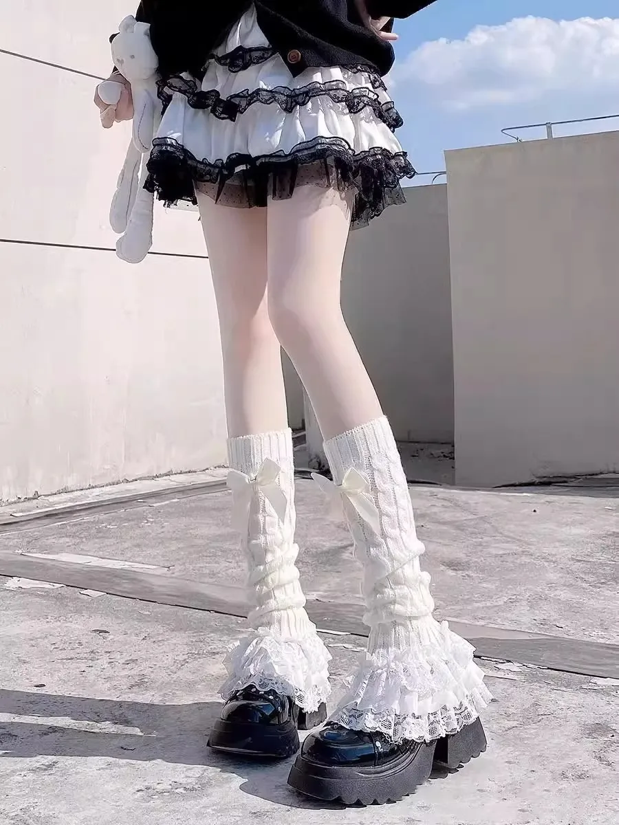 Lolita Slouchy Beinwärmer für Frauen, gerüschte Spitze, Kawaii Wadenabdeckungen, JK-Uniform, Schleifen-Strickstiefelmanschetten, süße Gothic-Accessoires für Mädchen – Detail 4