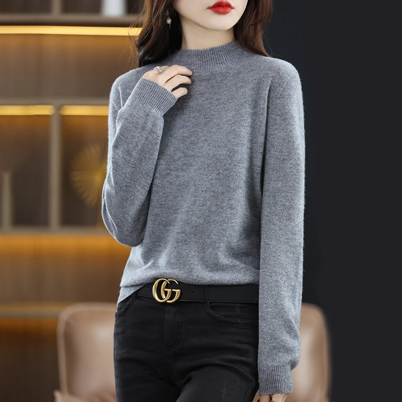 2024 New Half High Solid Color Cashmere Sweater Women Loose Pullover Autumn and Winter Basic Cashmere Sweater Women
