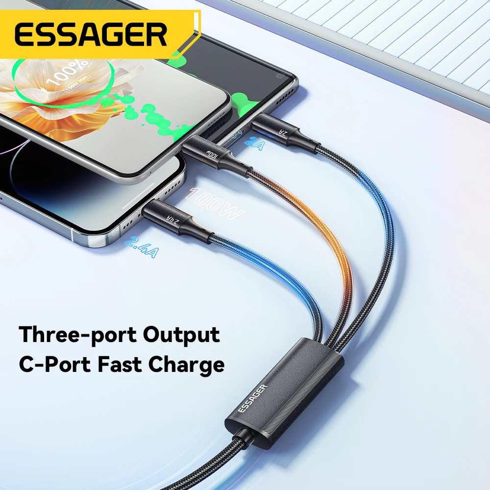 Essager 100W Cable USB C to Type C to Lighting PD Fast Charger Data 3 in 1 Quick Charging Cord For Macbook iPhone Samsung Xiaomi