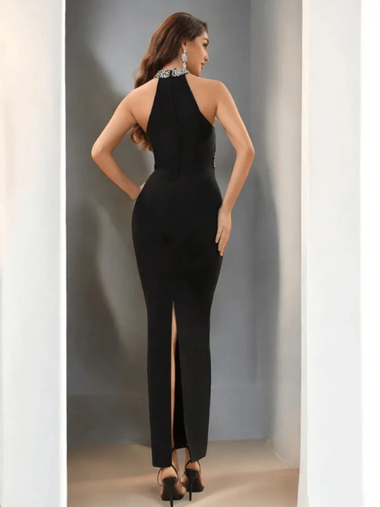 PB 섹시 블랙 홀터넥 워터 드릴 장식 컷아웃 롱 드레스 슬리브리스 메쉬 슬림 정장 파티 이브닝 가운 베스티도스