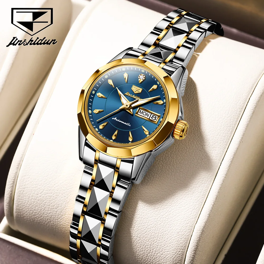 

JSDUN 8936 Mechanical Fashion Watch Gift Tungsten Steel Watchband Round-dial Week Display Calendar