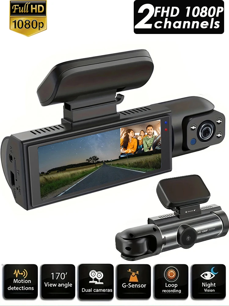 Kamera samochodowa z dwoma obiektywami DVR 1080P, przednia i wewnętrzna, rejestrator jazdy, wideorejestrator samochodowy, noktowizor, nagrywanie w pętli, czarna skrzynka — 2