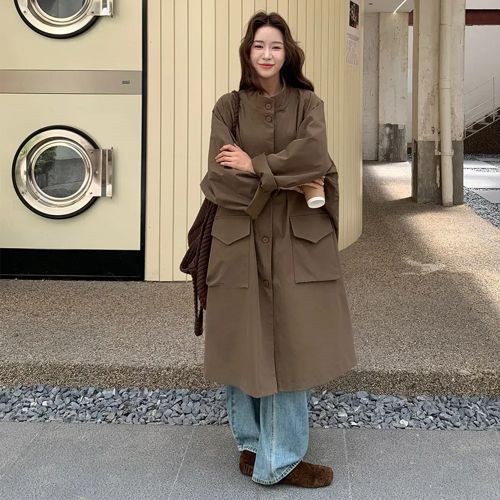 

SuperAen корейский стиль кофейного цвета, длинные пальто, женские весенне-осенние новые пальто с длинными рукавами и воротником-стойкой