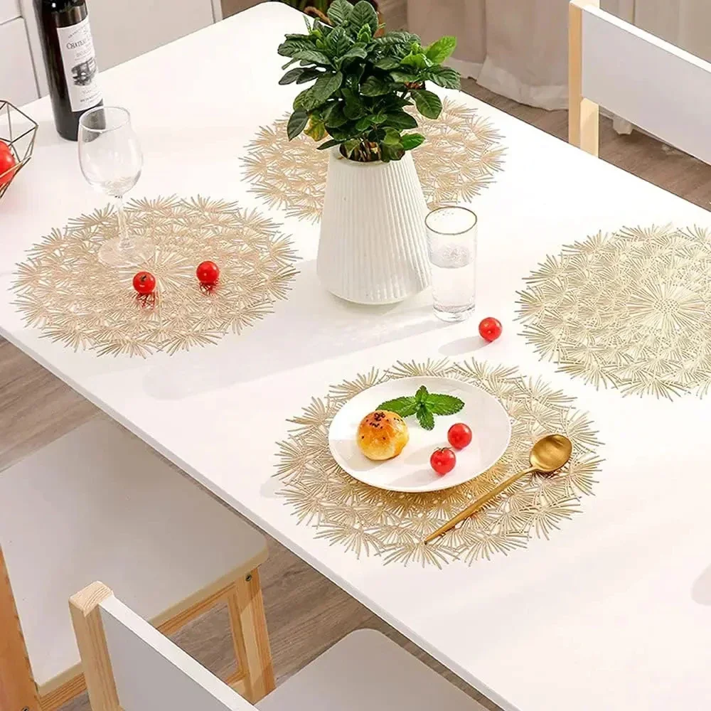 4pcs Round Dandelion Placemats Hollow Flowers PVC Non-slip Waterproof Dining Table Placemats Holiday Party Wedding Decorations