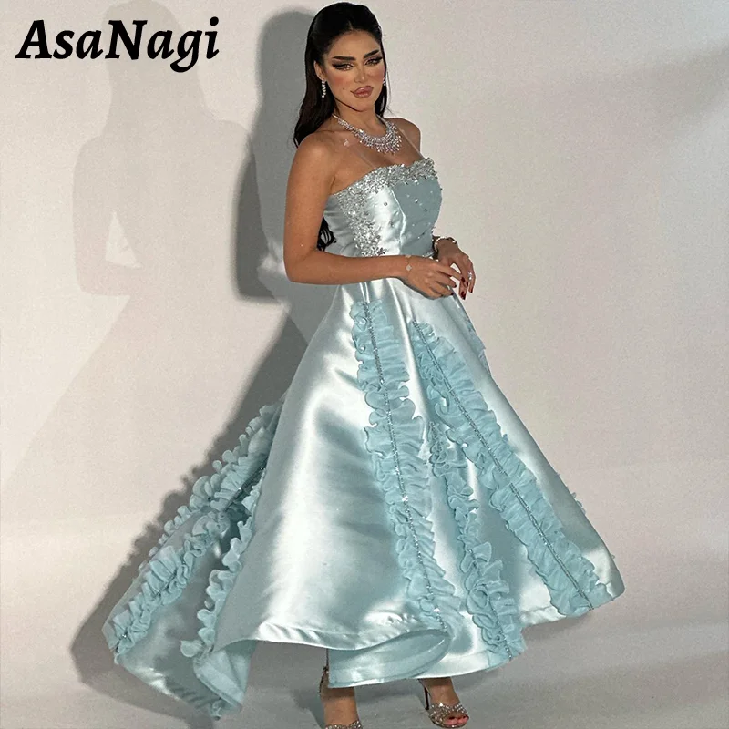 AsaNagi Elegant A-Line Prom Dresses Women\'s Strapless Beaded Sleeveless Party Evening Gowns Ankle Length Special Occasion Gown