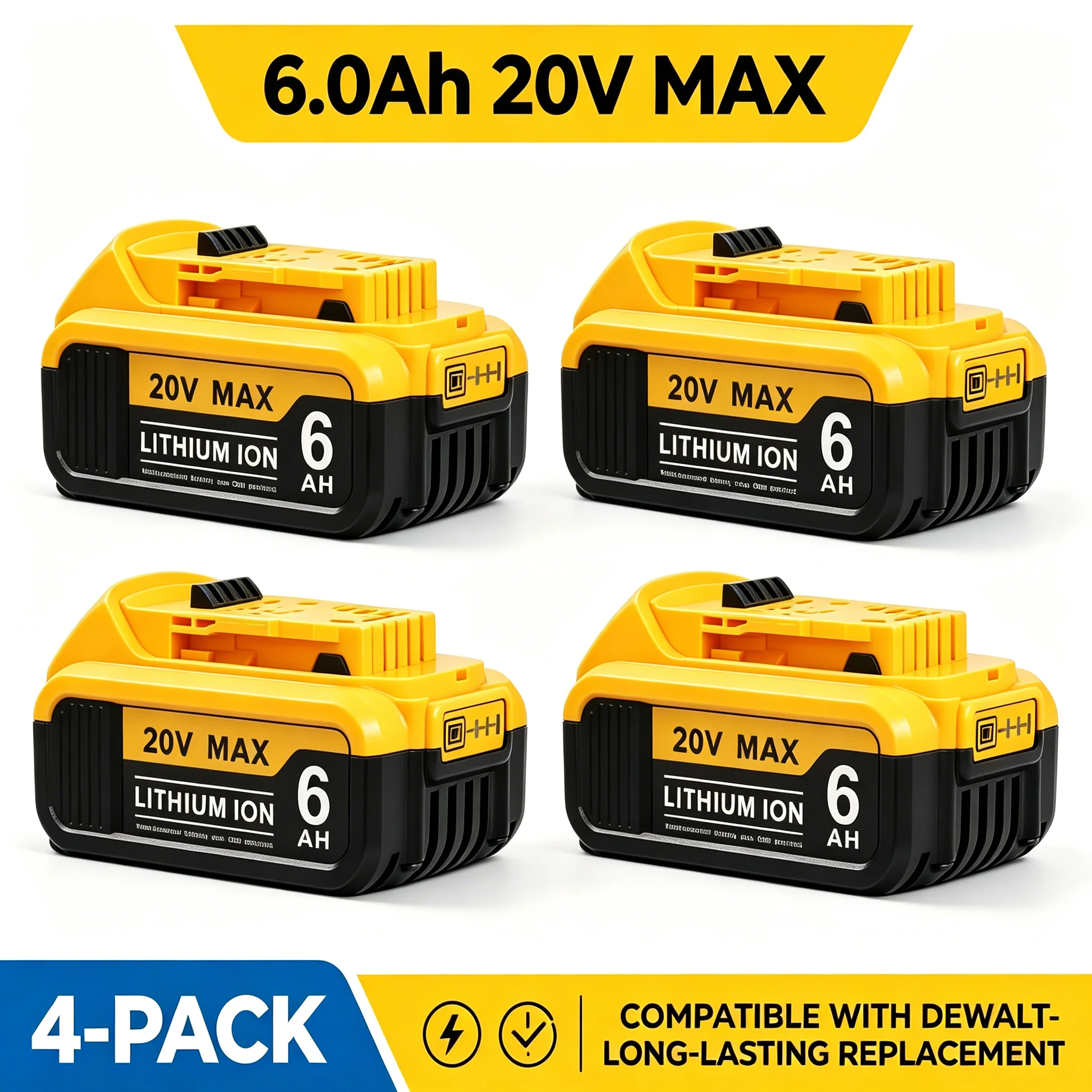 

Комплект из 4 сменных аккумуляторов 20В для Dewalt 20V Max DCB200 DCB204 DCB206, литий-ионные, 6.0 Ач, быстрая доставка со склада в США