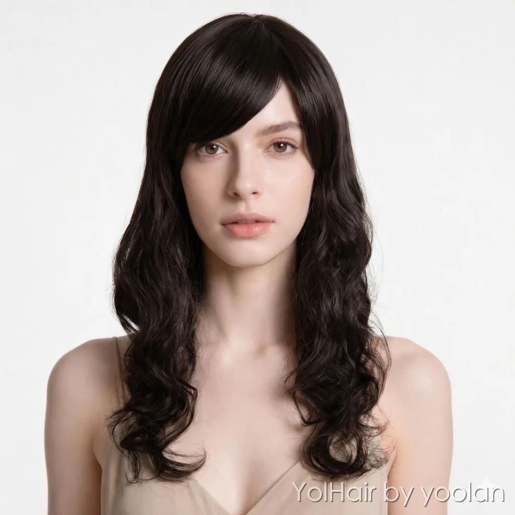 Long Water Wave Wigs with Side Bangs for Women Natural Black Synthetic Curly Wigs Heat Resistant Fiber Fake Hair for Daily Party