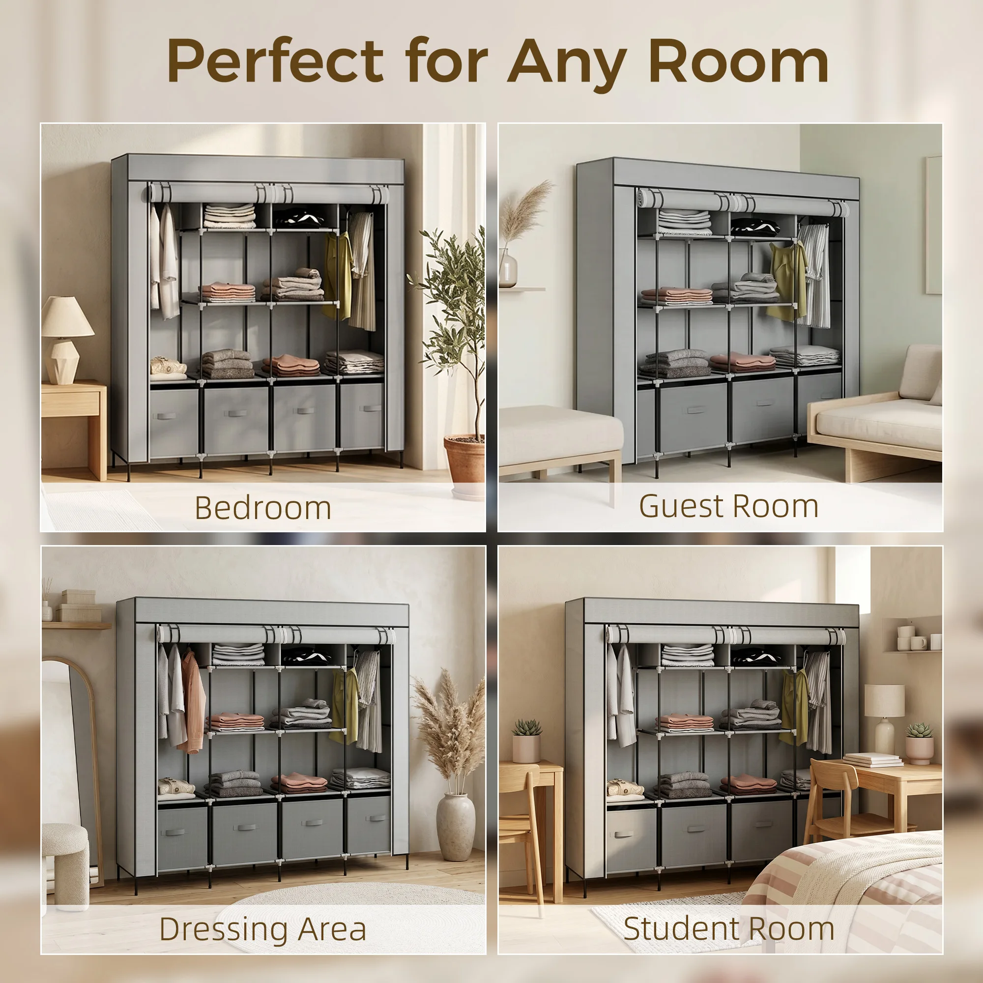 HOMCOM Fabric Wardrobe w/ 12 Shelves 2 Hanging Rails Foldable Closets
