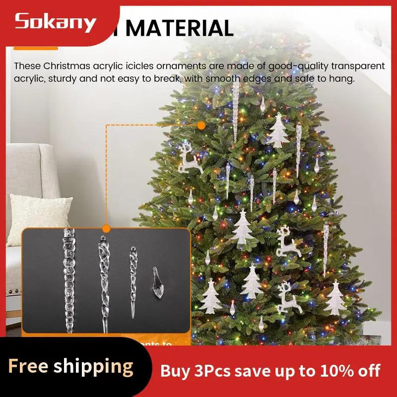 A59E-Christmas Tree Clear Acrylic Icicle Ornaments Crystal Icicle Drop Hanging Pendants For Xmas New Year Decor